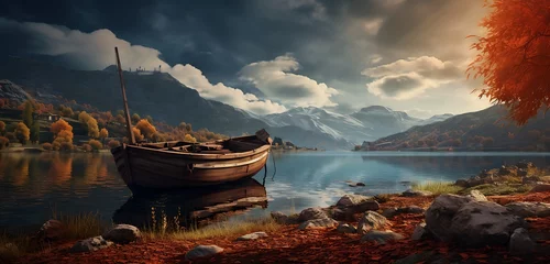 Selbstklebende Fototapeten Fantasy landscape with old boat on the lake. Generative AI © ceoJAHID