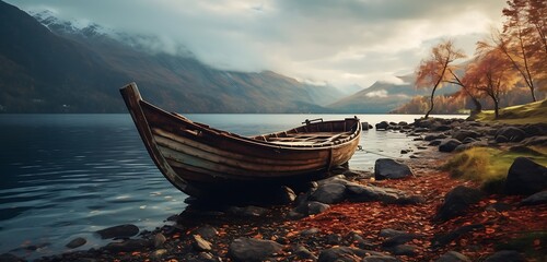 Fantasy landscape with old boat on the lake. Generative AI