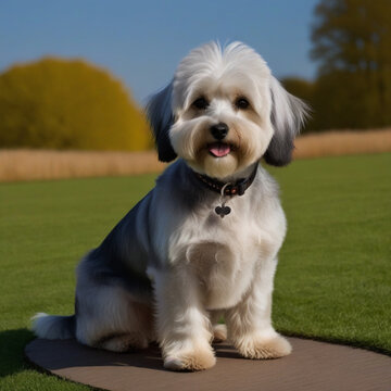 The Dandie Dinmont Terrier dog poses with his whole body in nature