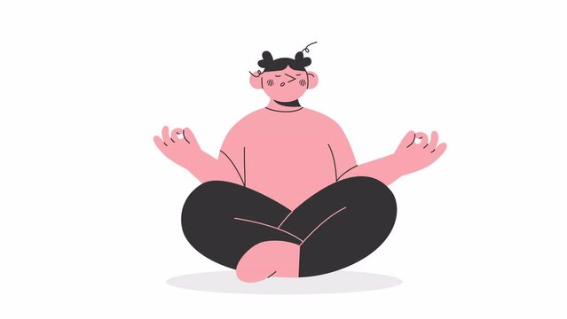 Animated doing yoga lotus pose character.Mindful practice.Wellbeing.Full body flat person on white background with alpha channel transparency.High quality 4k footage with alpha channel 3840 2160 25fps