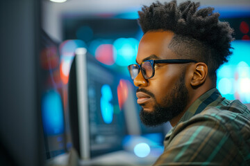 Focused African American man in glasses enhancing tech skills at a modern workspace, embodying continuous learning and professional development. - obrazy, fototapety, plakaty