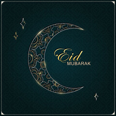 Template of Ramadan Kareem greeting card with hand drawn linear golden crescent moon on dark green background with arabic arabesque pattern. Square banner with outline Muslim crescent for Eid Mubarak