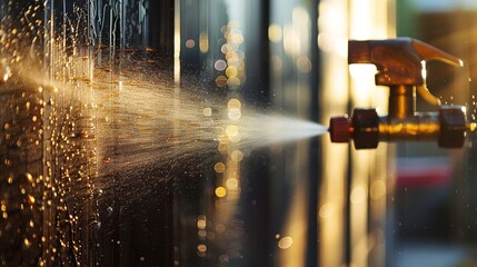 Golden sunlight illuminates misting water from a tap, creating a magical atmosphere.