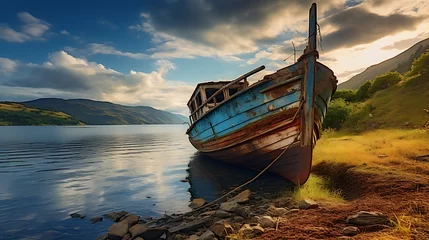 Foto op Aluminium old rusty fishing boat on the slope along the shore of the lake. Generative AI © ceoJAHID