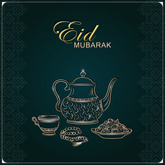 Eid Mubarak greeting card with hand drawn linear golden antique Arabic kettle, teacup, Muslim rosary praying beads and dates in a bowl as a dish for Iftari. Ramadan kareem dark green poster