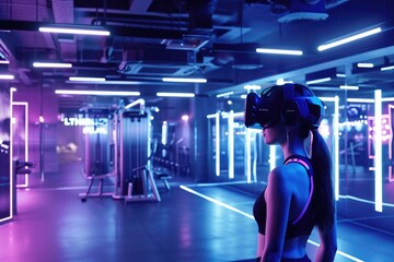A woman stands in a gym, gazing at her reflection in a mirror, Futuristic gym with virtual reality exercise technology, AI Generated