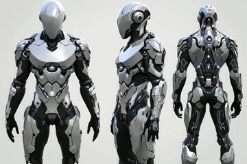 This photo showcases three perspectives of a robot suit, highlighting its front, side, and back views, Futuristic high-tech armor suit design, AI Generated