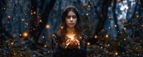 Fototapeta na wymiar Fantasy woman with glowing magic in forest