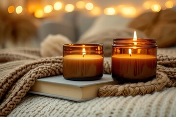 Obraz na płótnie Canvas Cozy setting with aromatic candles burning in amber glass jars, accompanied by a soft blanket and a book.