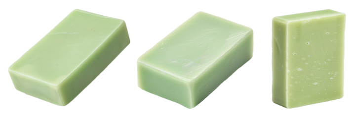 Set of green soap in the shape of a rectangle, isolated on a white or transparent background. Green handmade soap close-up as a graphic design element.
