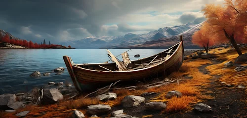 Foto auf Acrylglas Antireflex old rusty fishing boat on the slope along the shore of the lake. Generative AI © ceoJAHID