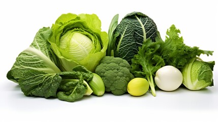 Fototapeta premium Variety of leafy green vegetables isolated on white background