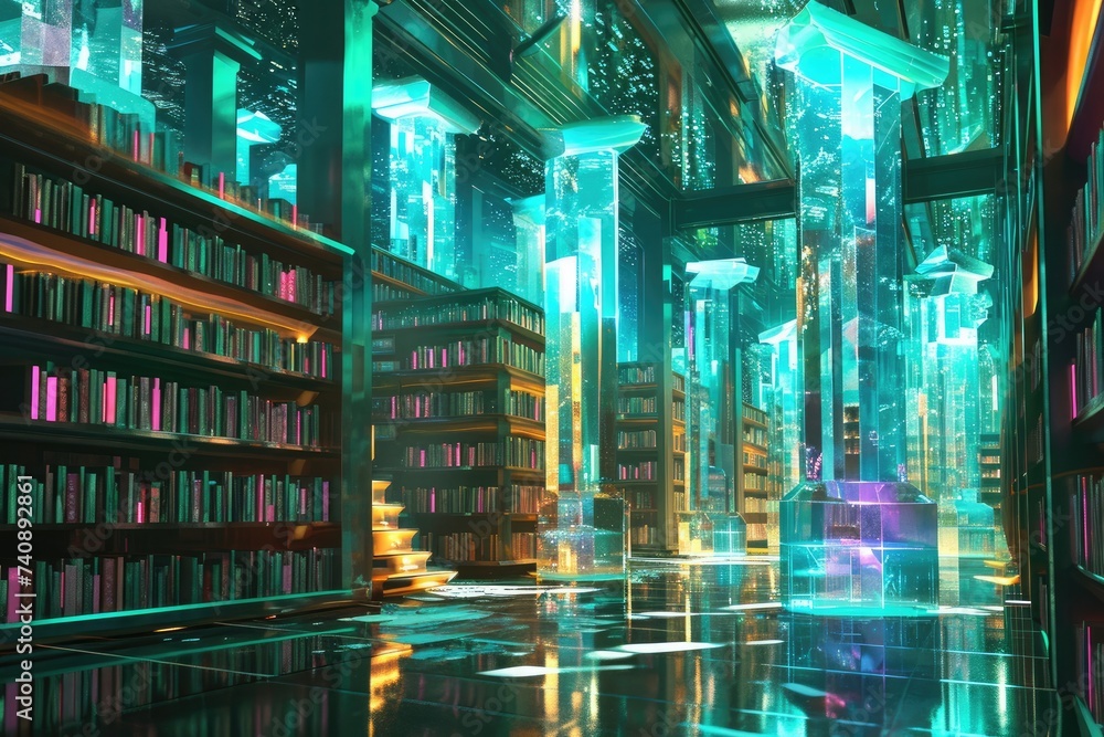 Poster a modernistic library filled with an extensive collection of books, futuristic library with data sto