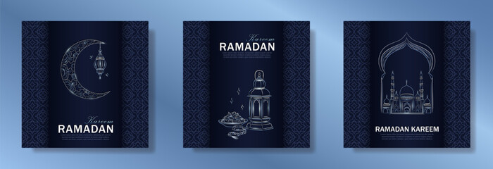 Set of dark blue Ramadan Kareem square greeting cards with hand drawn linear silver Mosque, crescent moon, Arabic lantern, dates, Muslim rosary praying beads. Template of Eid Mubarak outline banners