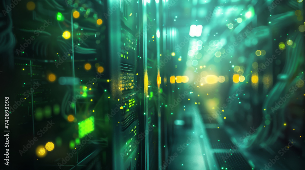 Poster blurred view of a data center with rows of server racks illuminated by blue and yellow led lights.