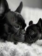 Peaceful French Bulldog Embracing Puppy  ,Parent and Puppy Share Tender Moment in monochrome