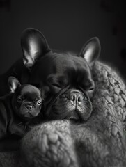 French Bulldog Adult and Puppy Resting Together  ,Parent and Puppy Share Tender Moment in monochrome. - 740893010