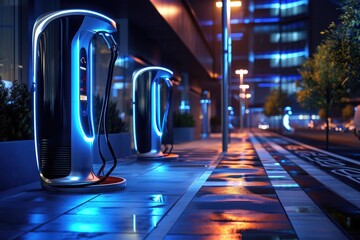 A group of electric cars parked on a city street illuminated by streetlights, Futuristic looking charging station in a smart city, AI Generated