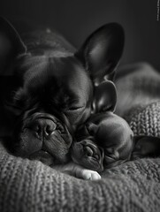 French Bulldog Adult and Puppy Resting Together  ,Parent and Puppy Share Tender Moment in monochrome.
