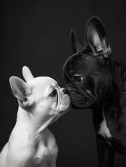 Black and White French Bulldogs Nose to Nose. - 740893053
