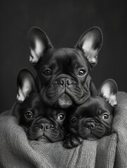Adorable Trio of French Bulldog Family  ,Parent and Puppy Share Tender Moment in monochrome - 740893062