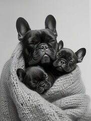 Adorable Trio of French Bulldog Family  ,Parent and Puppy Share Tender Moment in monochrome - 740893068