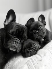 Adorable Trio of French Bulldog Family  ,Parent and Puppy Share Tender Moment in monochrome - 740893071