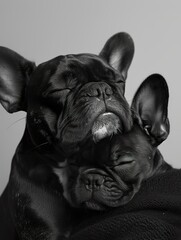 Peaceful French Bulldog Embracing Puppy  ,Parent and Puppy Share Tender Moment in monochrome