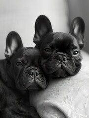 French Bulldog Adult and Puppy Resting Together  ,Parent and Puppy Share Tender Moment in monochrome. - 740893088