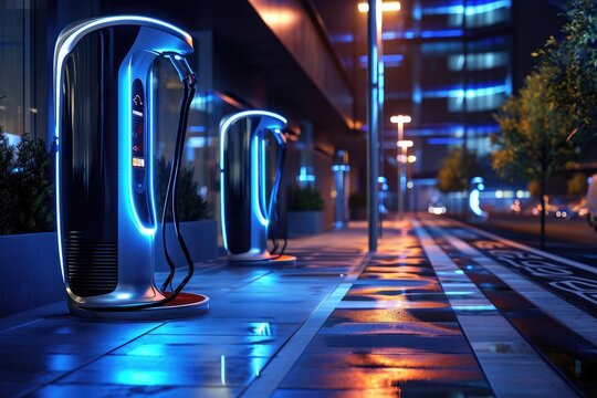 A Group Of Electric Cars Parked On A City Street Illuminated By Streetlights, Futuristic Looking Charging Station In A Smart City, AI Generated