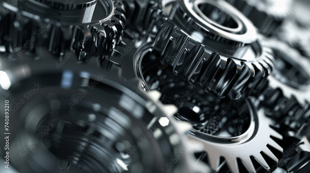 Poster close-up of interlocking gears or cogs, highlighting the intricate details and textures of the metal