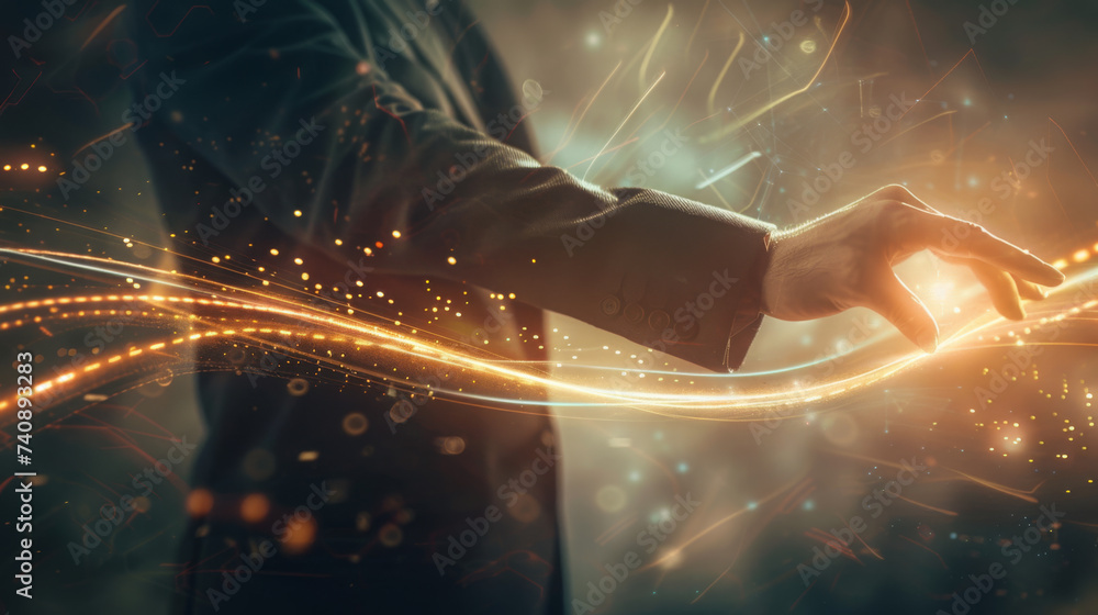 Poster person in a business suit is interacting with a futuristic holographic display of glowing lines and 