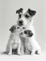 Jack Russell Terrier Adult and Puppy Portrait  ,Parent and Puppy Share Tender Moment in monochrome - 740893207