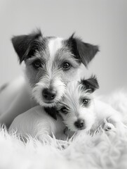 Jack Russell Terrier Adult and Puppy Portrait  ,Parent and Puppy Share Tender Moment in monochrome - 740893208