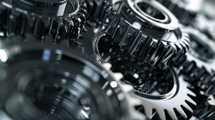 close-up of interlocking gears or cogs, highlighting the intricate details and textures of the metallic teeth and surfaces