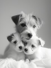 Jack Russell Terrier Adult and Puppy Portrait  ,Parent and Puppy Share Tender Moment in monochrome - 740893215