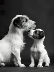 Jack Russell Terrier Adult and Puppy Portrait  ,Parent and Puppy Share Tender Moment in monochrome - 740893226