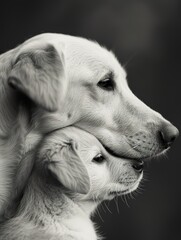 Labrador Retriever Adult and Puppy Tender Moment  ,Parent and Puppy Share Tender Moment in monochrome - 740893233