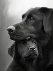 Labrador Retriever Adult and Puppy Tender Moment  ,Parent and Puppy Share Tender Moment in monochrome