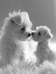 Maltese Dogs Sharing a Gentle Nose Touch  ,Parent and Puppy Share Tender Moment in monochrome. - 740893248
