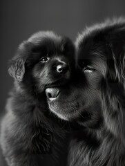 Labrador Retriever and Puppy Close Interaction  ,Parent and Puppy Share Tender Moment in monochrome. - 740893262