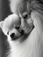 American Eskimo Dog Embracing Puppy Lovingly ,Parent and Puppy Share Tender Moment in monochrome - 740893273