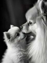 Pomeranian Adult Gently Interacting with Puppy  ,Parent and Puppy Share Tender Moment in monochrome.