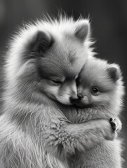American Eskimo Dog Embracing Puppy Lovingly ,Parent and Puppy Share Tender Moment in monochrome - 740893282