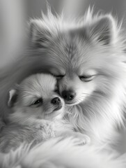 Pomeranian Adult Gently Interacting with Puppy  ,Parent and Puppy Share Tender Moment in monochrome. - 740893285