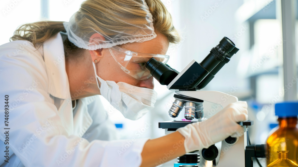 Poster scientist using a microscope in a laboratory setting, likely conducting research or analysis.