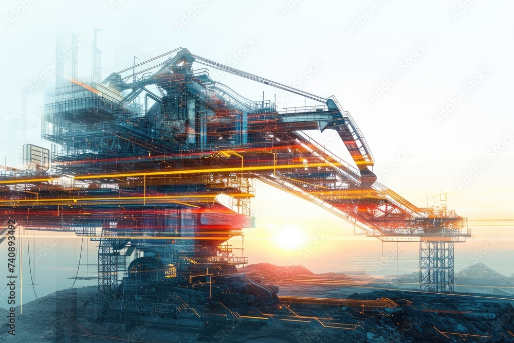 Poster an industrial factory featuring a wide array of machinery actively operating to support production, 
