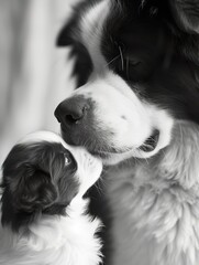 Saint Bernard Adult and Puppy Contemplative Moment ,Parent and Puppy Share Tender Moment in monochrome.