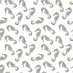 Seamless seahorse pattern. Watercolor background with ocean marine inhabitant for textile, wallpapers, wrapping paper