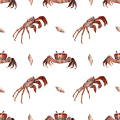 Seamless crab pattern. Watercolor background with sea marine inhabitant for textile, wallpapers, wrapping paper